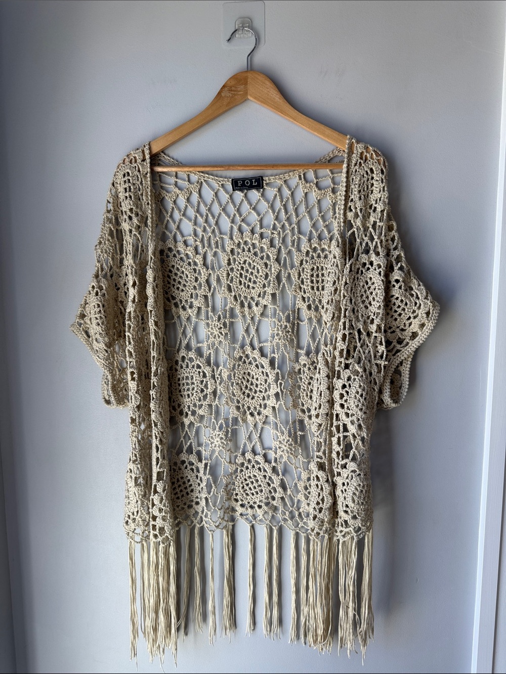 POL Crochet Boho Floral Fringe Cardigan Cream
